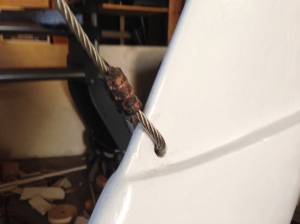 New 3/16" stainless cable swaged onto the keel. I now have a $25 swaging tool in my collection that only does one thing, but it's the only thing that will get that copper sleeve to clamp around the cable. Oh well, you have to have the right tools to do the job.